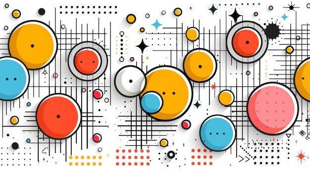 Multicolored circles and dots create a vibrant abstract background