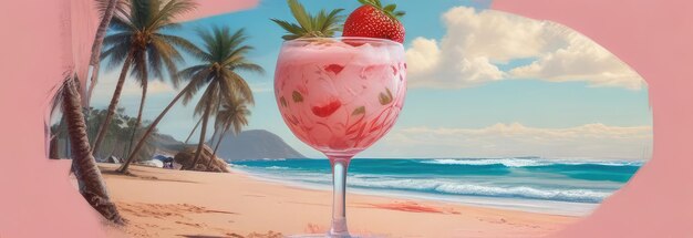 multicolored cocktail with strawberries on the sand against the backdrop of the sea in summer on a sunny dayThe concept of travel relaxation vacation