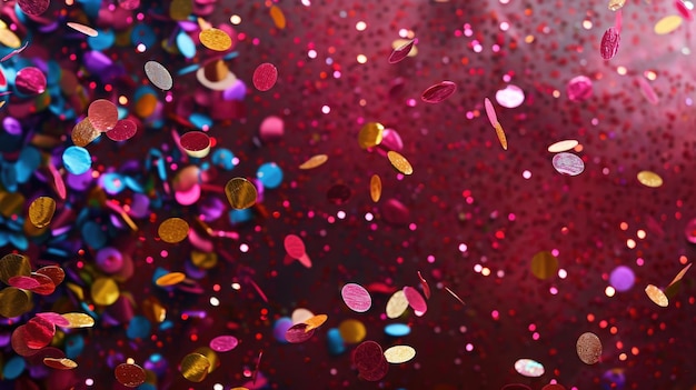 Multicolored confetti falling on red background