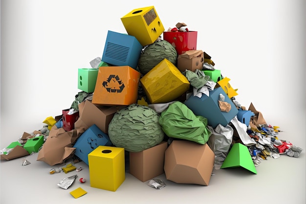 Multicolored containers and boxes with waste in form of garbage dump on white background