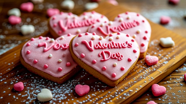 Multicolored cookies in the form of valentine hearts on a wooden background for valentines day