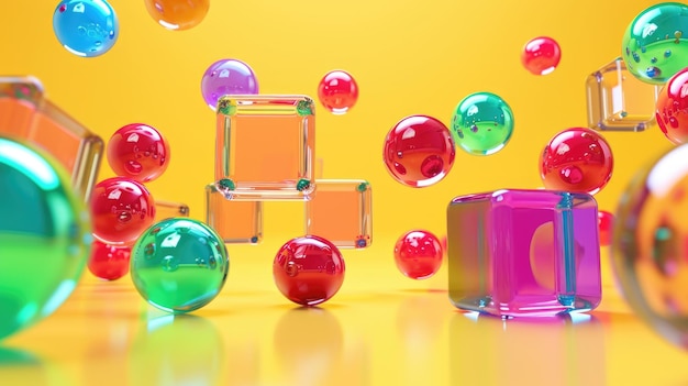 Multicolored cubes and spheres on a glossy light yellow background