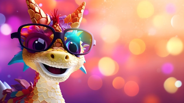 Multicolored cute dragon in sunglasses on colorful blurred background with bokeh