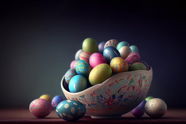 Разноцветные украшенные пасхальные яйца красочная куча в большой миске на столе пасхальная концепция Generative AI
