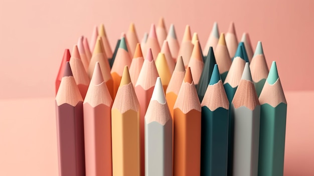 Multicolored drawing pencils on pink background closeup generative ai