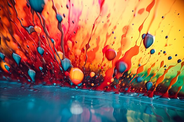 Multicolored drops of paint on a glossy surface Generative AI