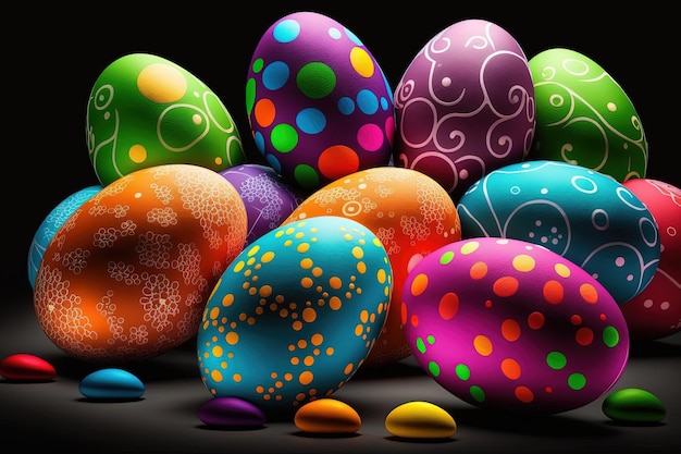 Multicolored Easter eggs on a dark background AI generated