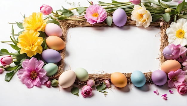 Multicolored Easter eggs frame with spring flowers Easter card with a space for text rustic Easter background AI generated