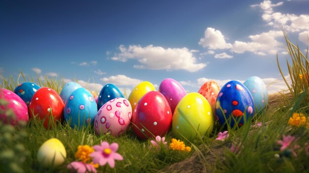 Multicolored Easter eggs lined up in a row on the background of grass Generative AI