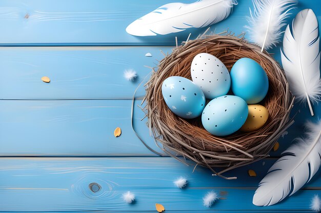 Multicolored Easter eggs in a wicker basket blue wooden background with white feathers AI platform