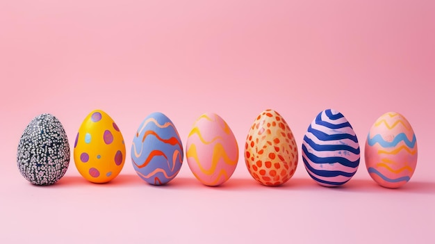 Multicolored Easter eggs with different patterns on a pink background ideal for spring holidays and decorations