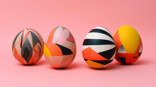 Multicolored Easter eggs with different patterns on a pink background ideal for spring holidays and decorations