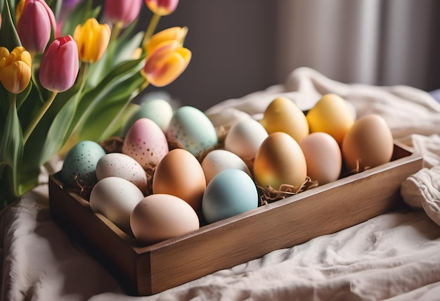 Multicolored eggs for Easter Tulips symbol of spring