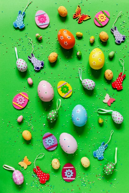 Multicolored eggs and varied easter decoration