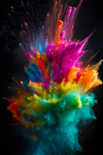 multicolored explosion of colored powder on black background with space for text generative ai