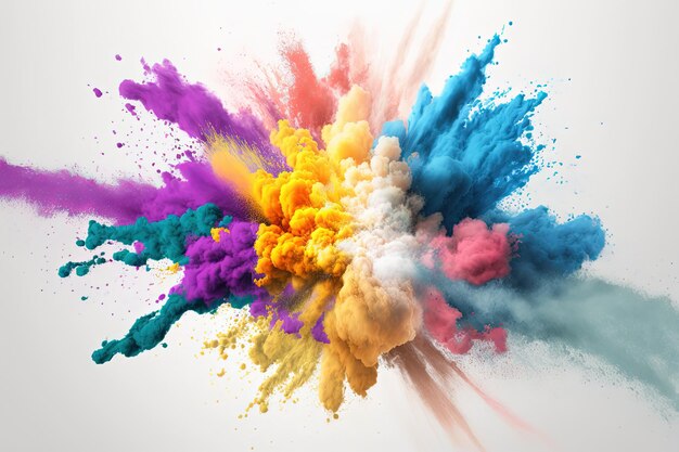 A multicolored explosion of colored powder on a white background generative AI