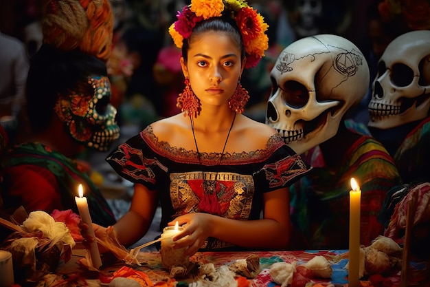 ビバメキシコAカルチャー1で死者の日を祝う色とりどりのフェイスペイント