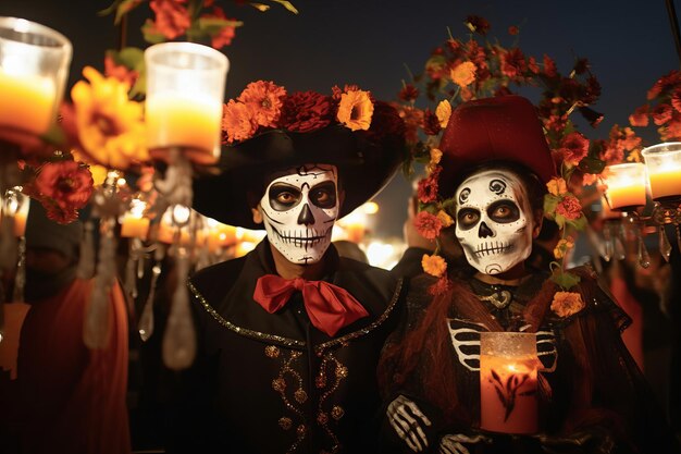 ビバメキシコで死者の日を祝う色とりどりのフェイスペイント