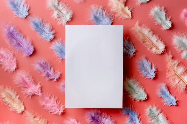 Multicolored feathers are laid out on a light pink wall, with paper,  geometric flat lay, feathers parallel to each other. top view, flatly abstract