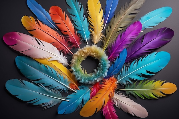 Multicolored feathers in circle