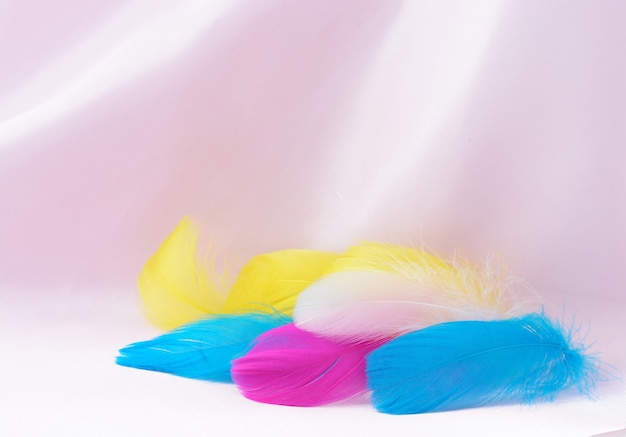 ピンクのテキスタイルの背景に分離された色とりどりの羽。