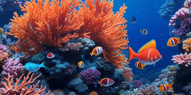 Multicolored fish swimming in a vibrant coral reef