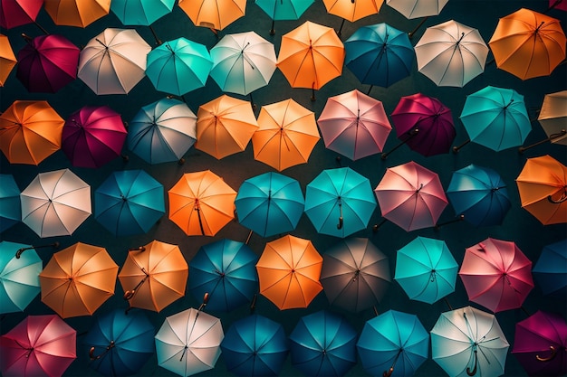 Photo multicolored floating umbrellas