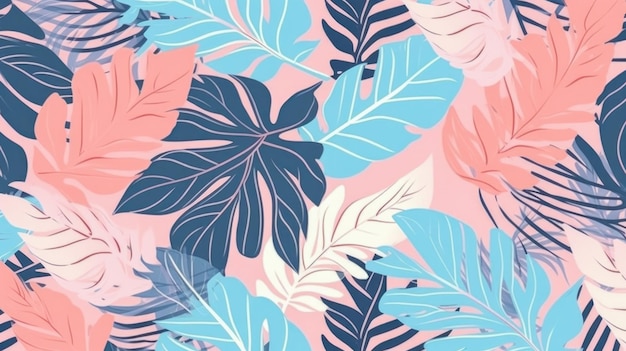 Multicolored floral leaves on a pastel background Ai generated Illustration for design poster or print Flat lay top view