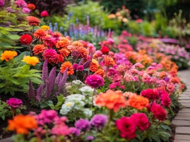 Многоцветные клумбы в парке, много красивых летних цветов, пышные, яркие цветы.