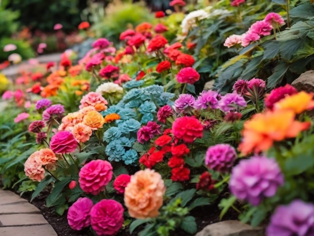 Multicolored flower bed in the park Lots of beautiful summer flowers Lush bright flowering in