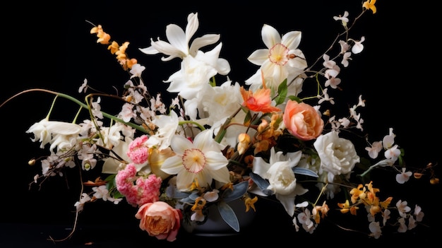 Multicolored flowers on a black background in the studio