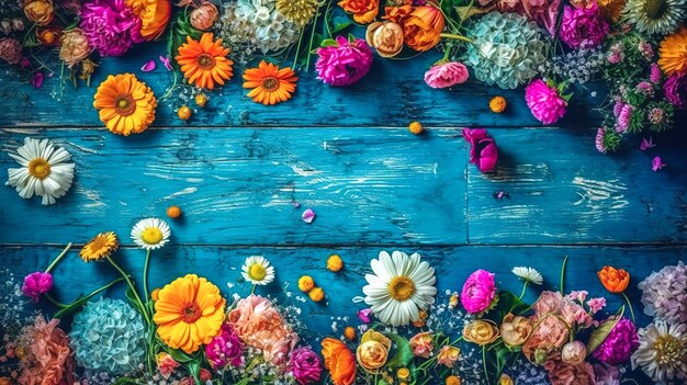 Multicolored flowers on a wooden blue background generative ai