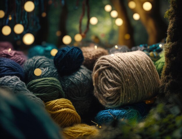 Multicolored forest made by wool yarn fabrics Created with Generative AI technology.