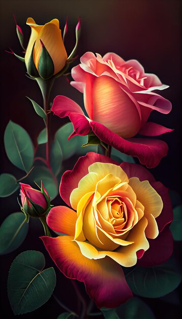 Multicolored garden rose flowers