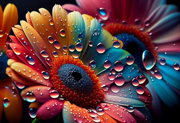 Multicolored gerbera flower macro shot of a water drops falling on a flower petals Generative ai