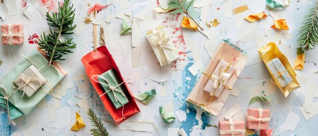 Multicolored gift boxes decorated with ribbons and bows are arranged on a white sledge with a bag of gifts