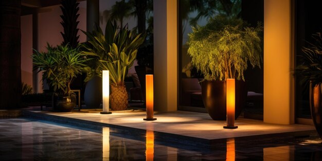 Multicolored glass pillars with light sources accent lighting of the street near the hotel