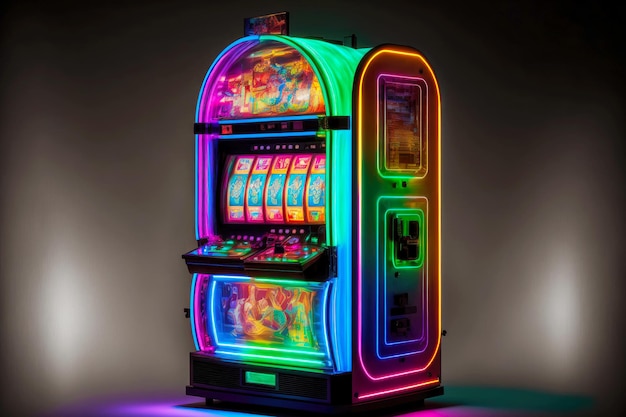 Multicolored glowing casino slot machine in entertainment center