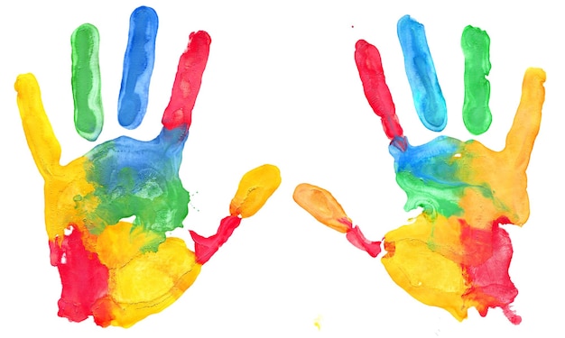 Photo multicolored hand print on white background