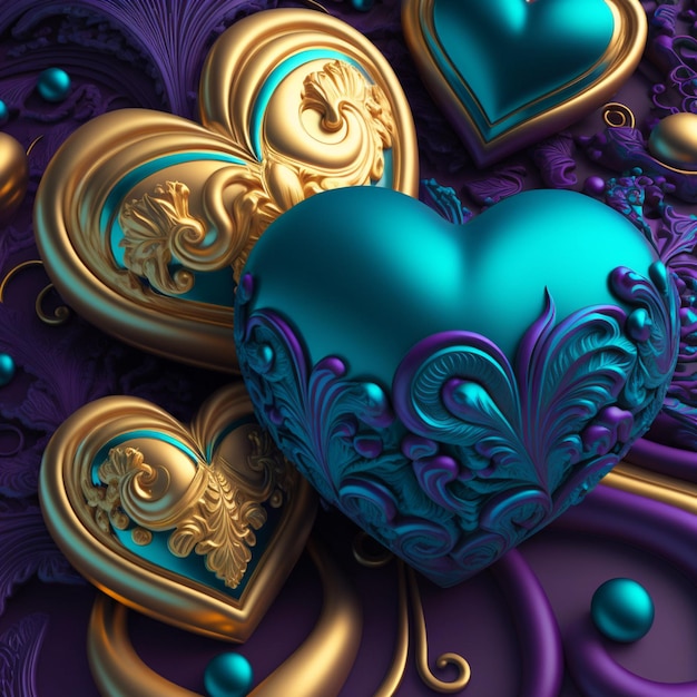 Multicolored heart background. Valentine wallpaper with blue gold and violet love hearts. 3D visuali