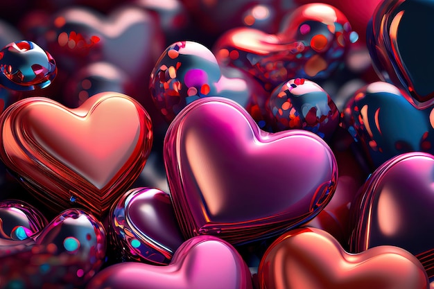 핑크 레드 유리와 레드 메탈릭 사랑의 마음으로 여러 가지 빛깔의 하트 배경 발렌타인 벽지