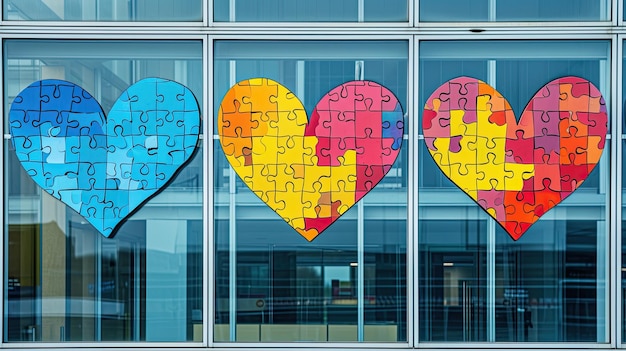 Multicolored hearts made of puzzles on windows of clinic building for people with autism syndrome
