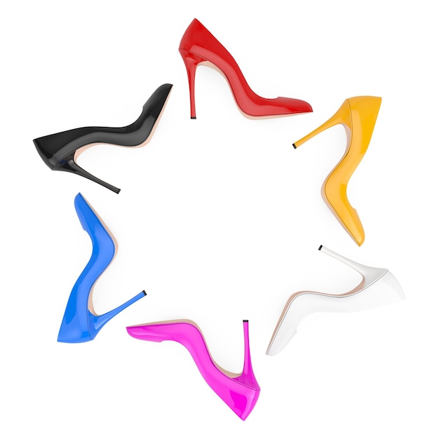 Multicolored High Heels Wooman Shooes in Shape of Circle 3d Rendering