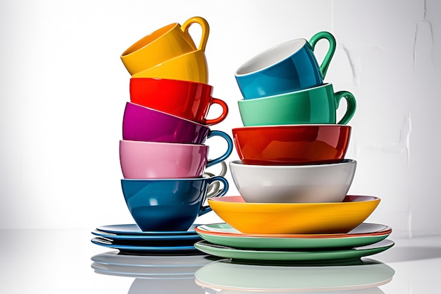 다양한 색상의 가정용 도자기 그릇과 머그잔의 다채로운 그릇 더미 AI 생성
