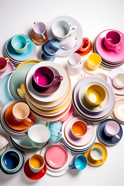 Multicolored household ceramic items Colorful crockery stacks of bowls and mugs AI generated