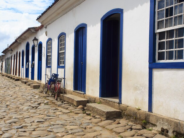 Multicolored houses on streets of the famous historical town Paraty, Brazil