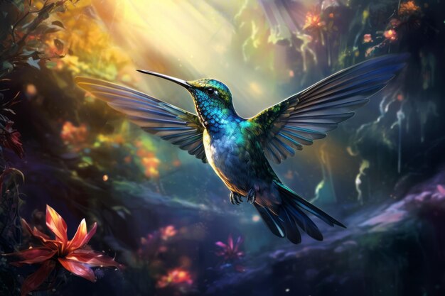 Foto il colibrì multicolore vola verso il fiore