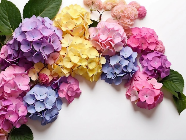 Multicolored hydrangea flowers flat lay white horizontal top view background with place for text