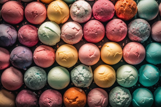 Multicolored ice cream balls View from above Generative AI