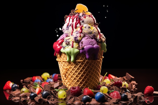 Многоцветное мороженое в шоколадном конусе